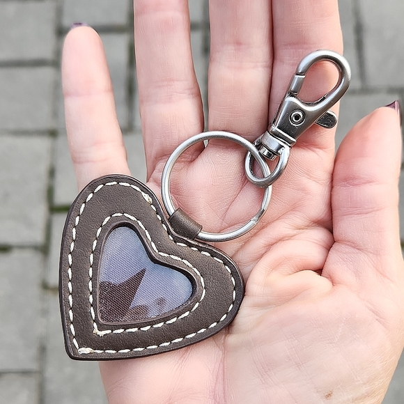 Anthropologie Accessories - Anthropologie Dark Brown Leather Heart Photo Holder Purse Charm/Key Ring